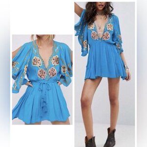 Free People Cora Blue Floral Embroidered Mini Dress Sz M